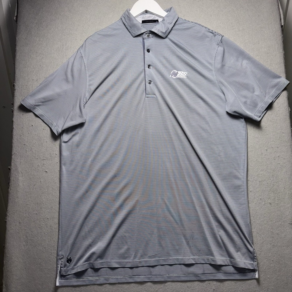 Greyson Mens XL Polo Shirt Navy White Striped Short Sleeve Golf Performance NBS